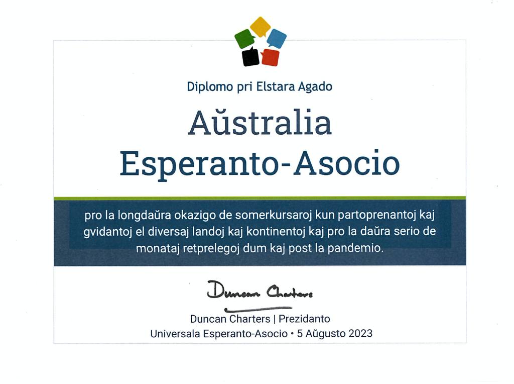 Diplomo pri Elstara Agado al Aŭstralia Esperanto-Asocio