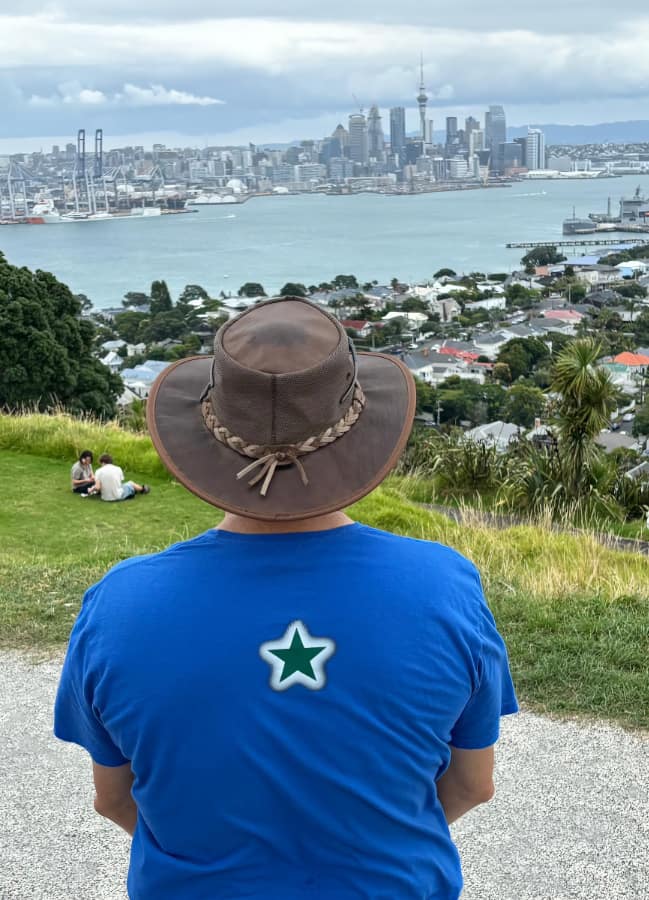Man in blue T-shirt looks to city skyline