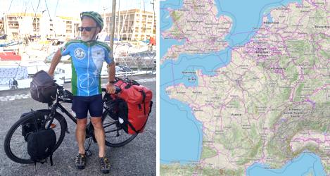 homo kun biciklo + mapo de okcidenta Eŭropo